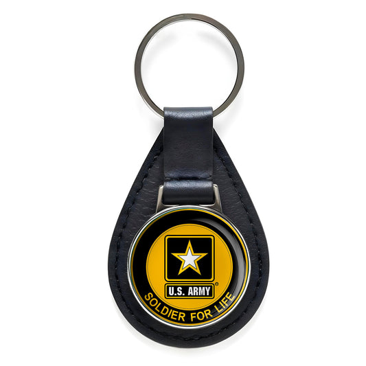US Army Soldier for Life Black Leather Keychain Silver Keyring Military Gift