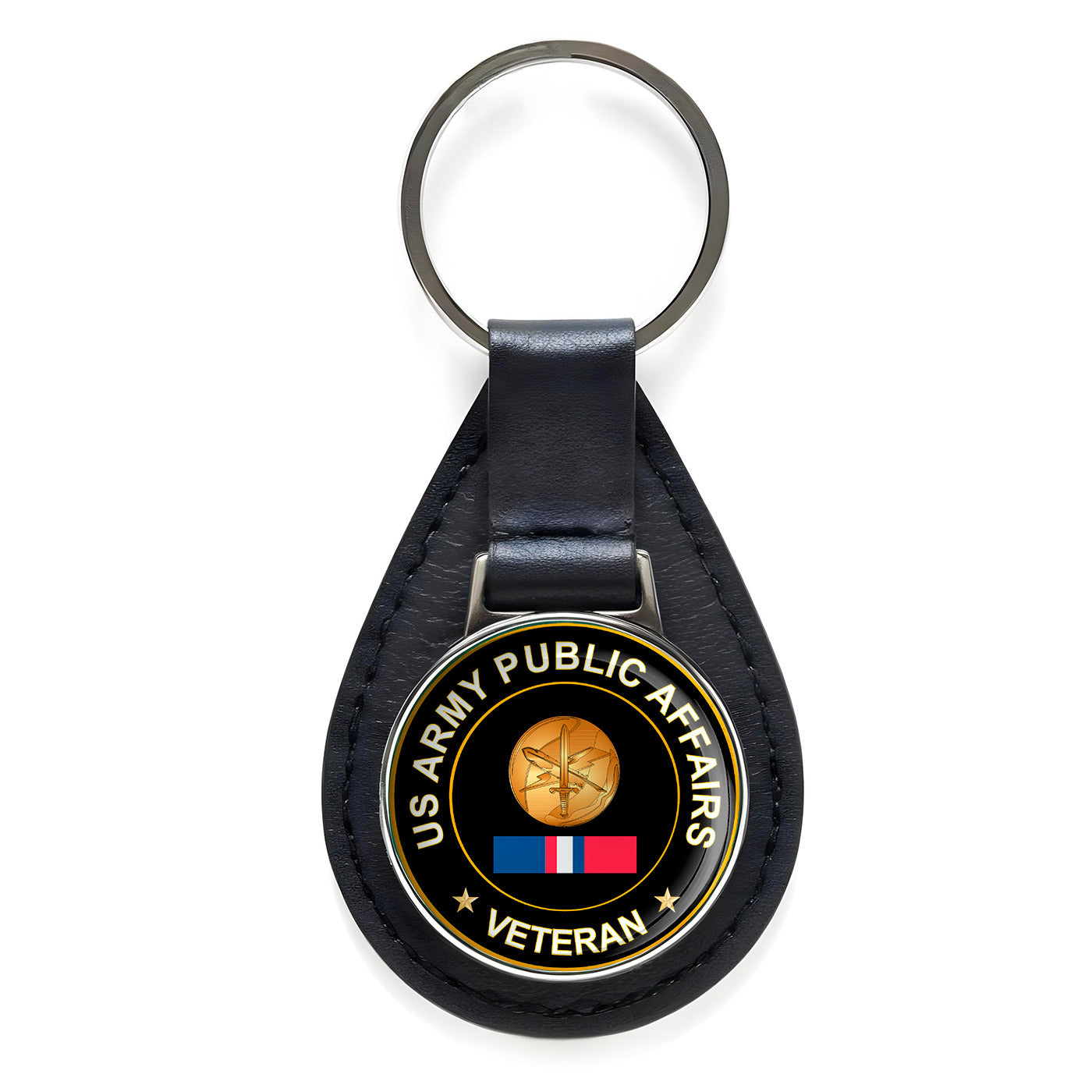 US Army Public Affairs Veteran Black Leather Keychain Silver Keyring Military