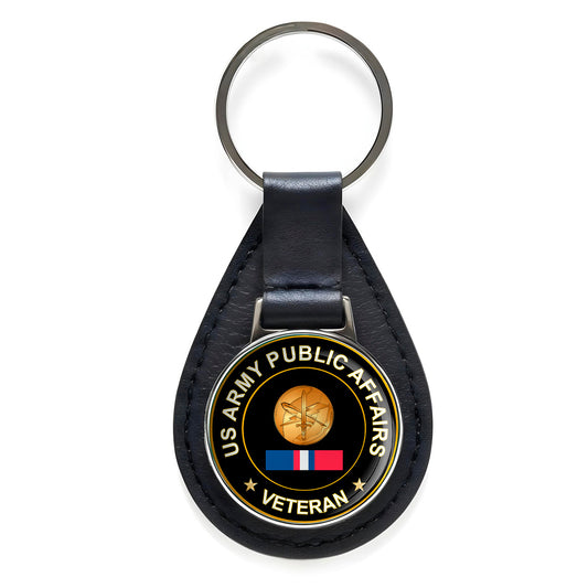 US Army Public Affairs Veteran Black Leather Keychain Silver Keyring Military