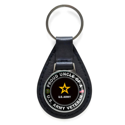 Proud Uncle Of A U.S. Army Veteran Black Leather Keychain Silver Keyring