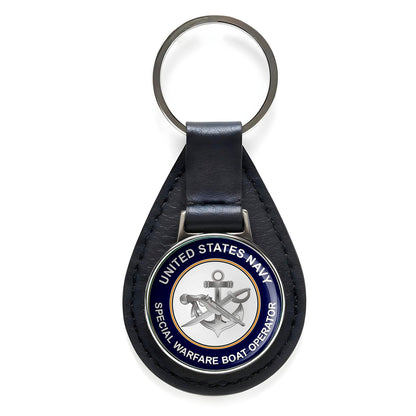U.S. Navy Special Warfare Boat Operator Black Leather Keychain Silver Keyring