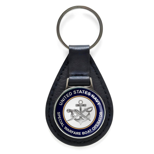 U.S. Navy Special Warfare Boat Operator Black Leather Keychain Silver Keyring
