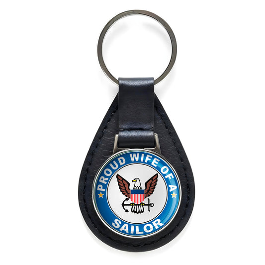 Proud Wife of a Sailor U.S. Navy Round Black Leather Keychain Silver Keyring