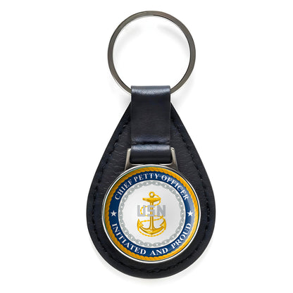 U.S. Navy CPO Initiated and Proud Black Leather Keychain Silver Keyring Military