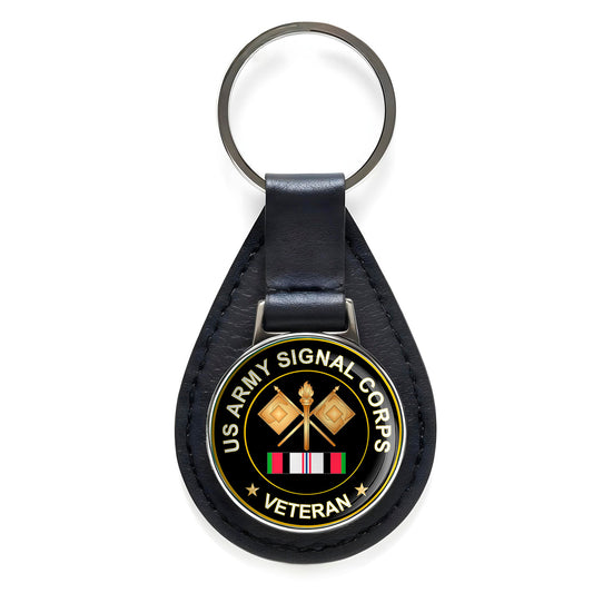 US Army Signal Corps Veteran Black Leather Keychain Silver Keyring Military Gift