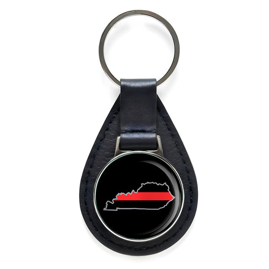 First Responder Thin Red Line Kentucky Firefighter Black Leather Keychain Silver