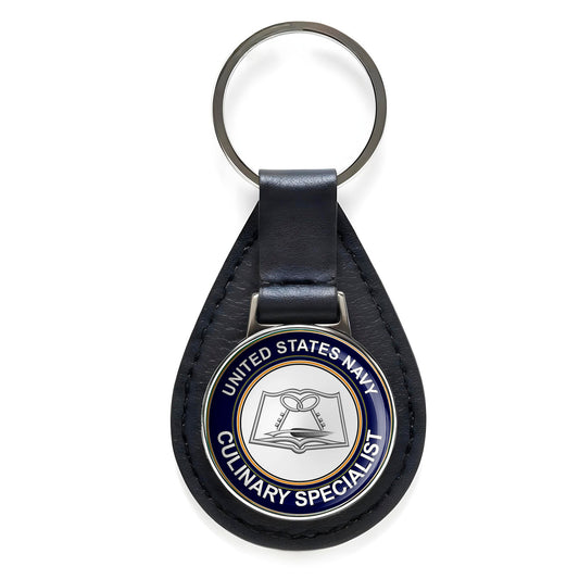 US Navy Culinary Specialist Black Leather Keychain Silver Keyring Military Gift