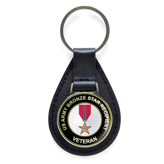 U.S. Army Bronze Star Recipient Veteran Black Leather Keychain Silver Keyring