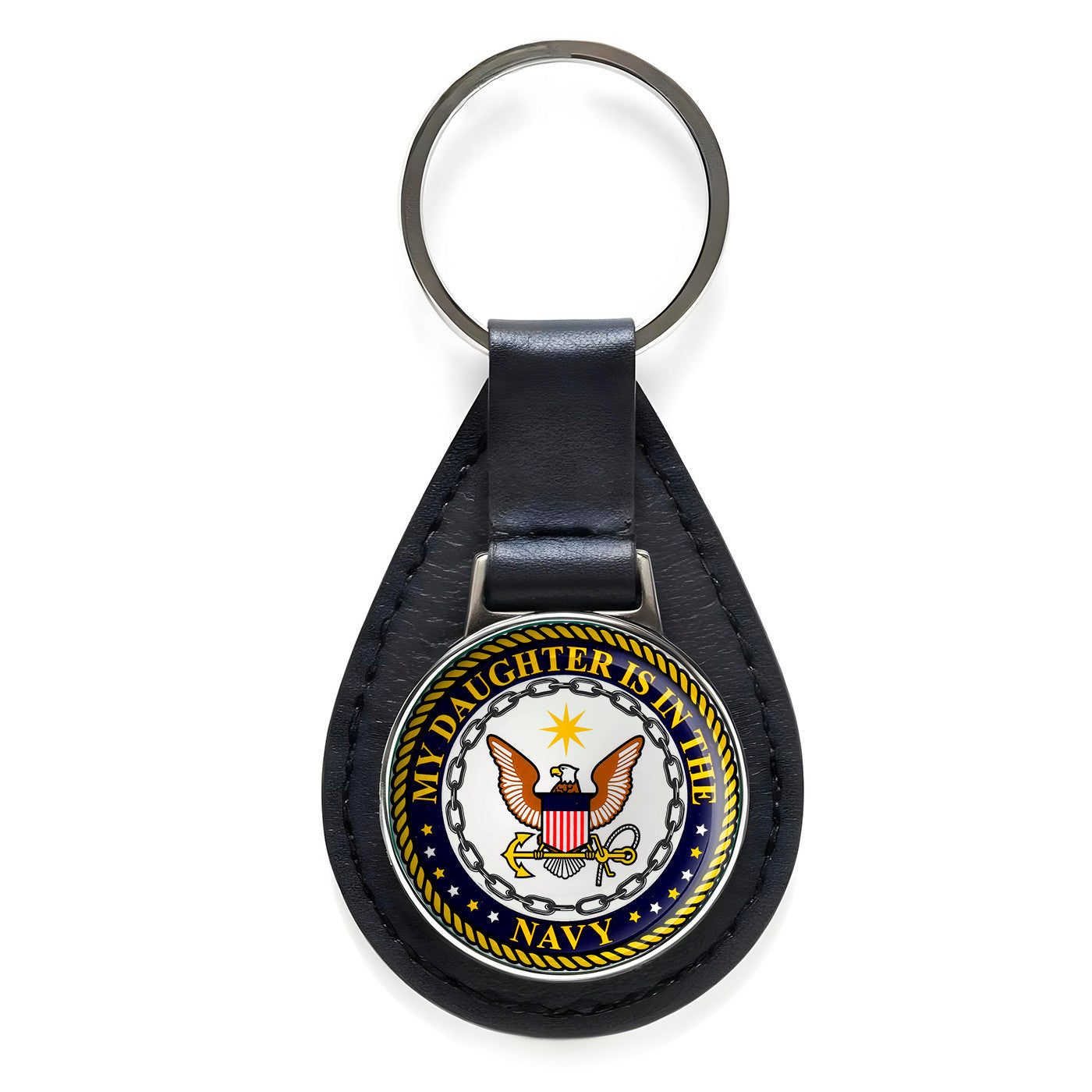 My Daughter is in the Navy Black Leather Keychain Silver Keyring Military Gift