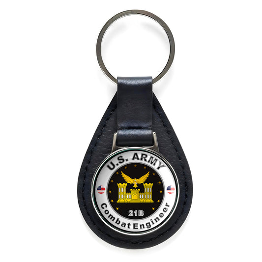 United States Army Combat Engineer Black Leather Keychain Silver Keyring