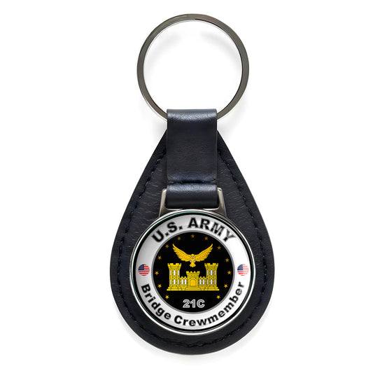 United States Army Bridge Crewmember Black Leather Keychain Silver Keyring