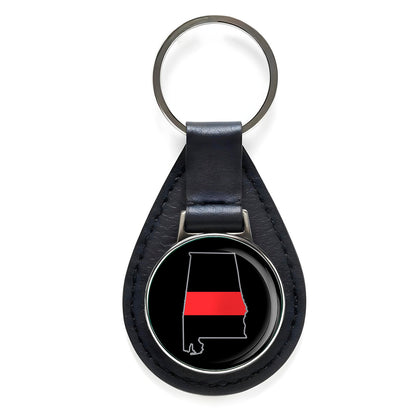 First Responder Thin Red Line Alabama Firefighter Black Leather Keychain Silver