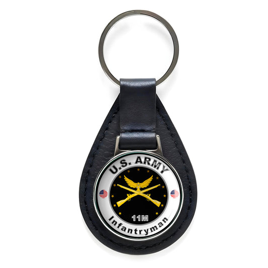 United States Army Infantryman Black Leather Keychain Silver Keyring Military