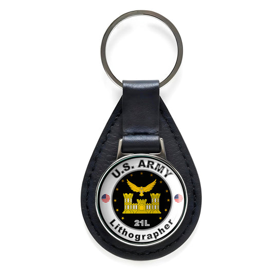 United States Army Lithographer Black Leather Keychain Silver Keyring Military