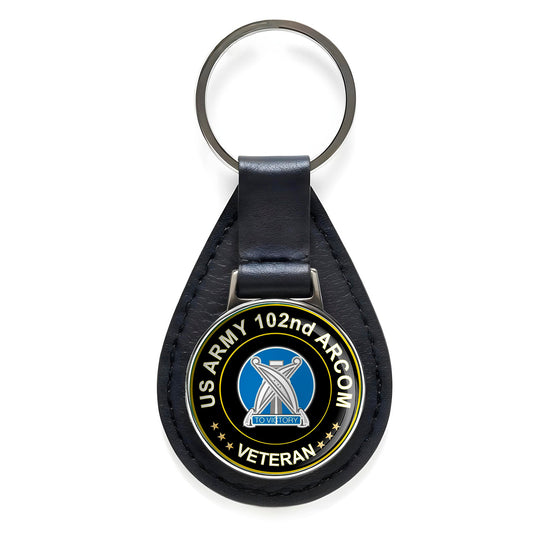 US Army 102nd Arcom Veteran Black Leather Keychain Silver Keyring Military Gift