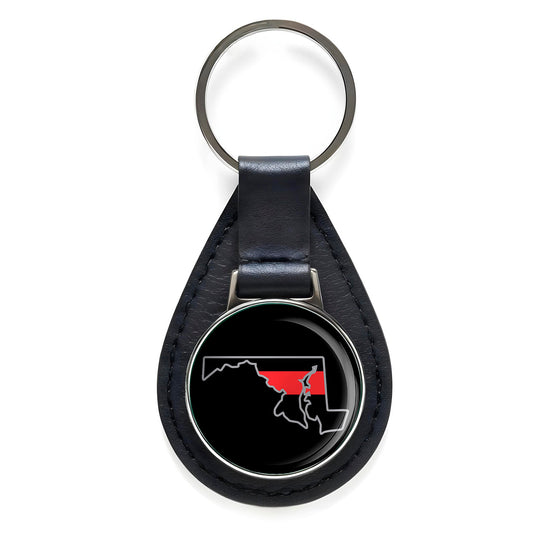 First Responder Thin Red Line Maryland Firefighter Black Leather Keychain Silver