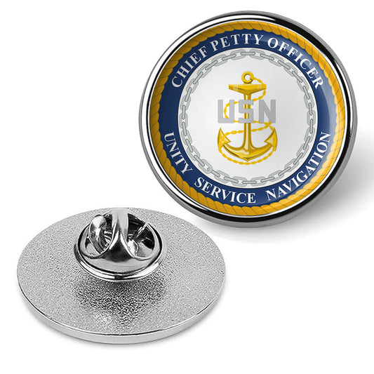 U.S. Navy CPO "USN" Round Tie Tac, Hat Pin, Badge, Military Lapel Pin - Silver