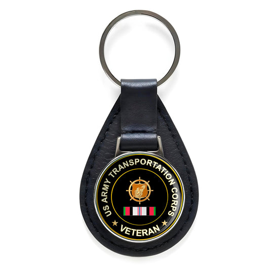 US Army Transportation Corps Veteran Black Leather Keychain Silver Keyring