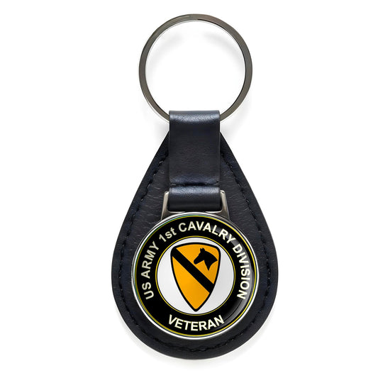 U.S. Army 1st Cavalry Division Veteran Black Leather Keychain Silver Keyring