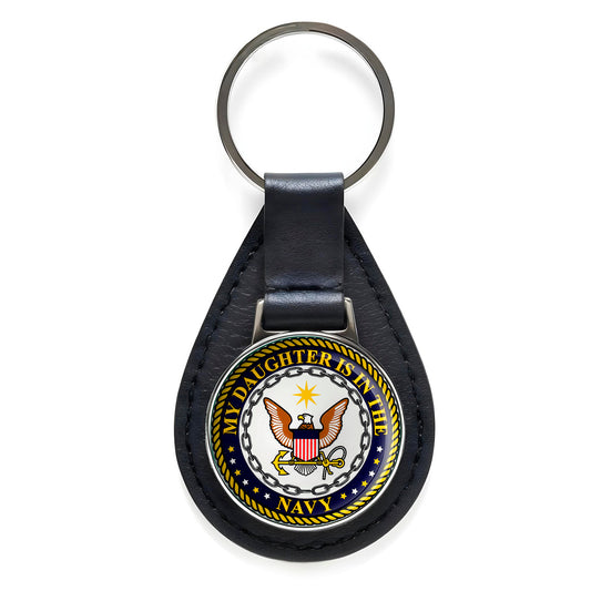 My Daughter is in the Navy Black Leather Keychain Silver Keyring Military Gift