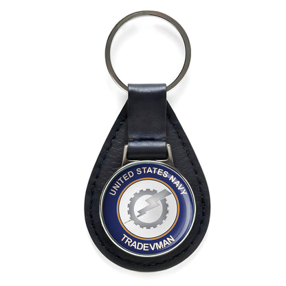 U.S. Navy Tradevman Rate Round Black Leather Keychain Silver Keyring Military
