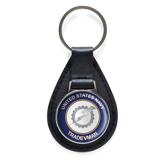 U.S. Navy Tradevman Rate Round Black Leather Keychain Silver Keyring Military