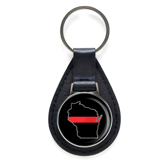 First Responder Thin Red Line Wisconsin Firefighter Black Leather Keychain