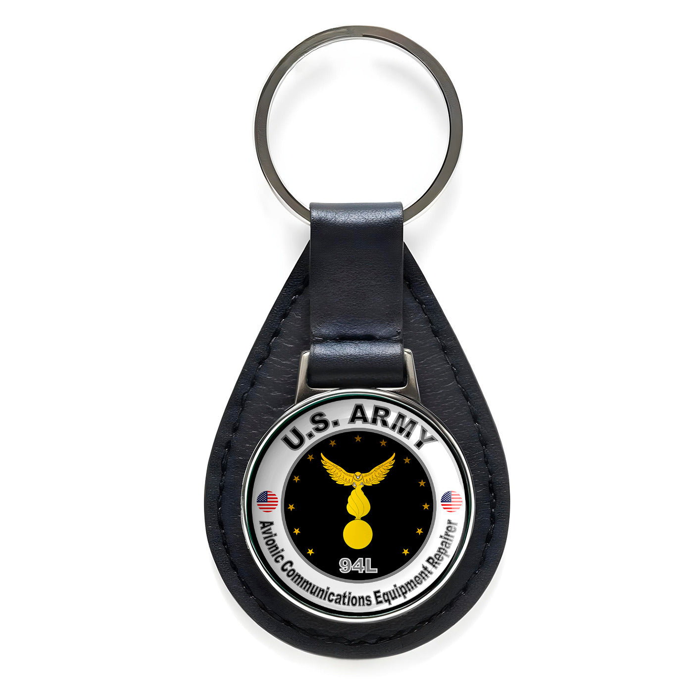 US Army Avionic Communications Equipment Repairer Black Leather Keychain Silver