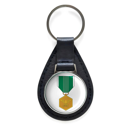 Army Commendation Medal Black Leather Keychain Silver Keyring Military