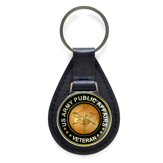 US Army Public Affairs Veteran Black Leather Keychain Silver Keyring