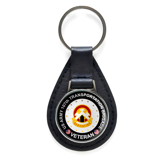 US Army 107th Transportation Brigade Veteran Leather Keychain Silver Keyring