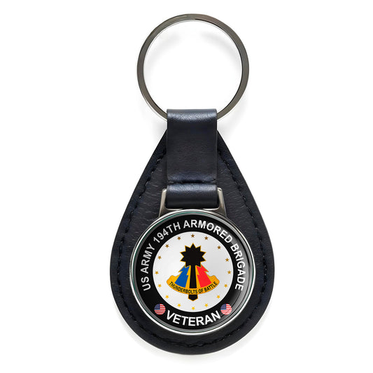 US Army 194th Armored Brigade Veteran Black Leather Keychain Silver Keyring