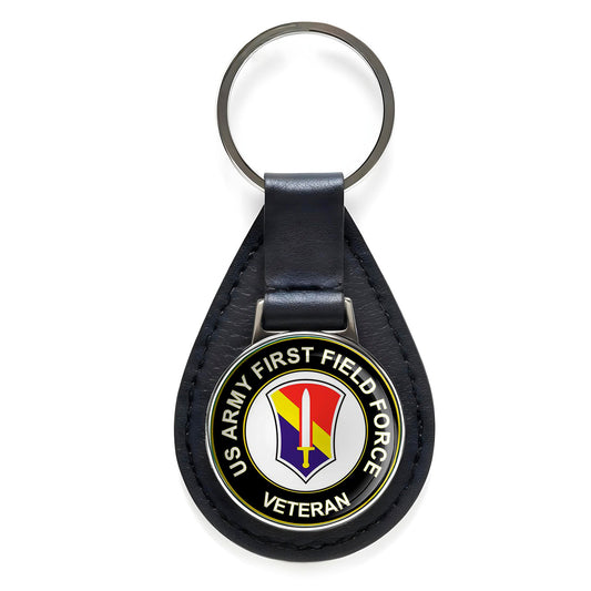 U.S. Army 1st Field Force Black Leather Keychain Silver Keyring Military Gift