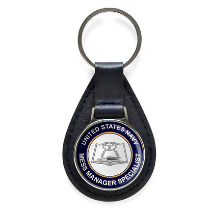 U.S. Navy Mess Management Specialist Black Leather Keychain Silver Keyring