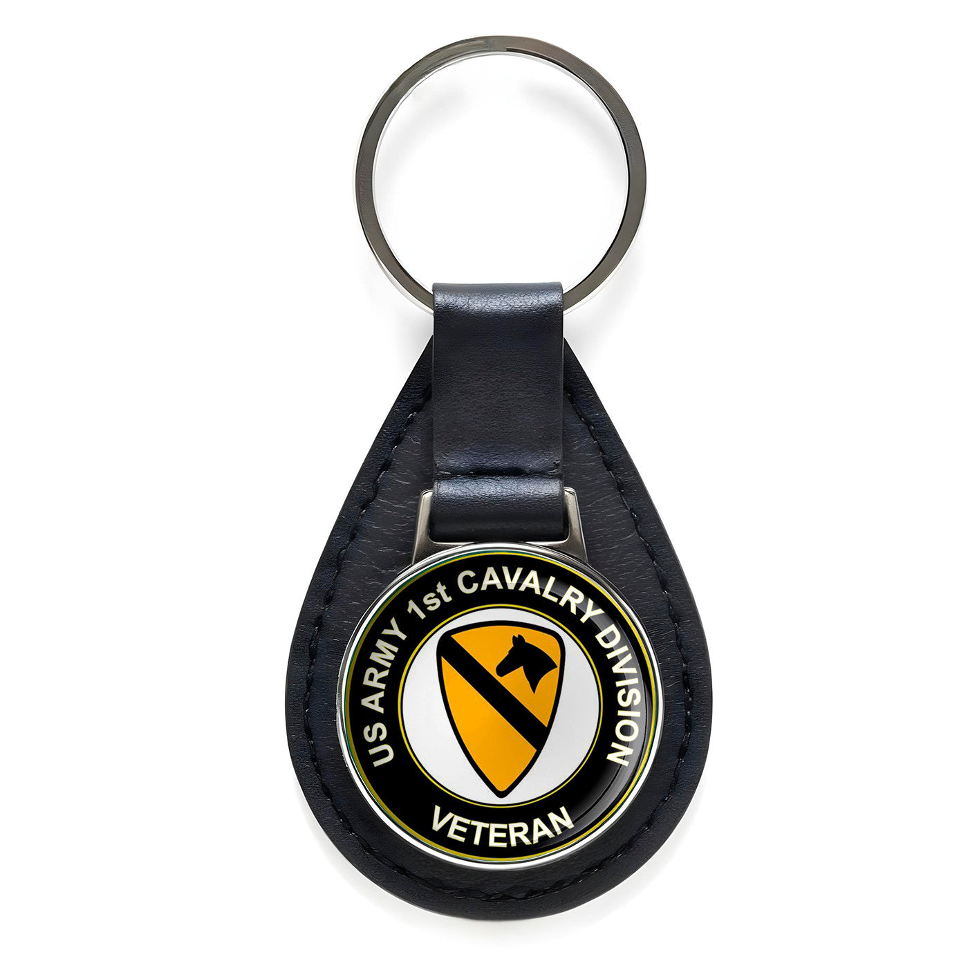 U.S. Army 1st Cavalry Division Veteran Black Leather Keychain Silver Keyring