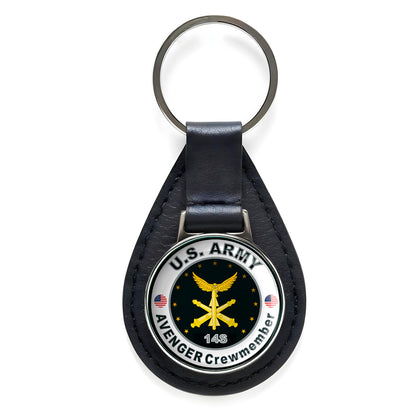United States Army Avenger Crewmember Black Leather Keychain Silver Keyring