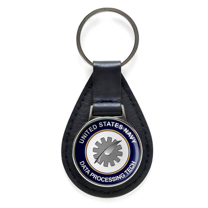 U.S. Navy Data Processing Tech Black Leather Keychain Silver Keyring Military