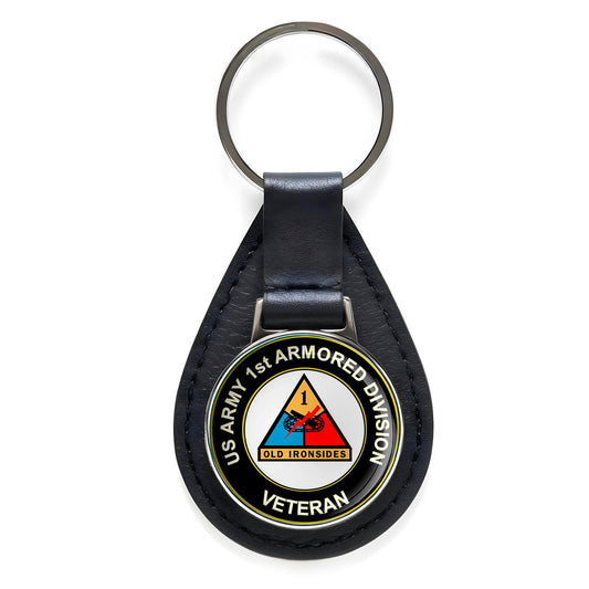 U.S. Army 1st Armored Division Black Leather Keychain Silver Keyring