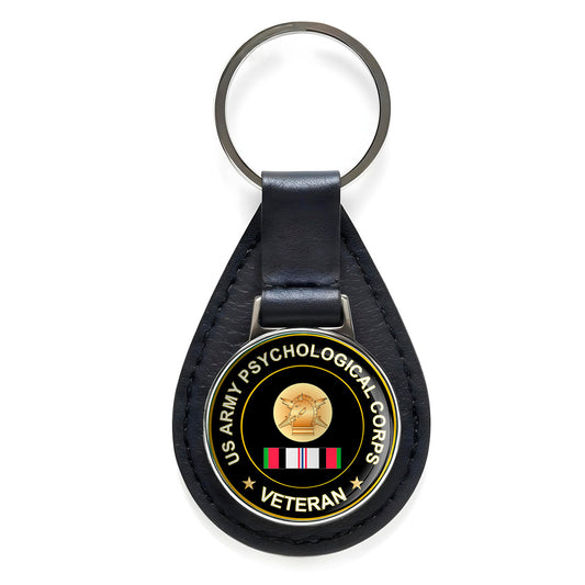 US Army Psychological Corps Veteran Black Leather Keychain Silver Keyring