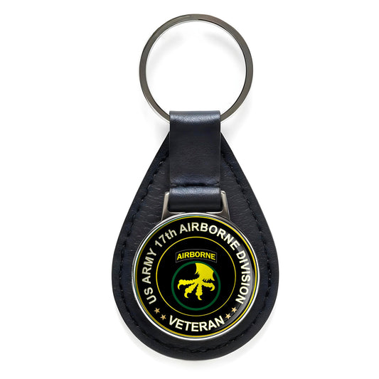 US Army 17th Airborne Division Veteran Black Leather Keychain Silver Keyring