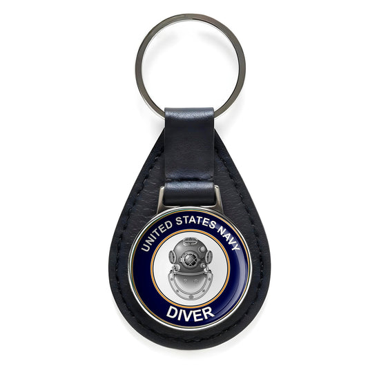 U.S. Navy Diver Black Leather Keychain Silver Keyring Military Gift