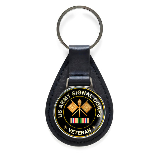 US Army Signal Corps Veteran Black Leather Keychain Silver Keyring Military Gift