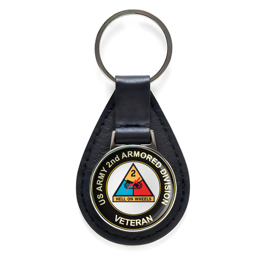 U.S. Army 2nd Armored Division Black Leather Keychain Silver Keyring