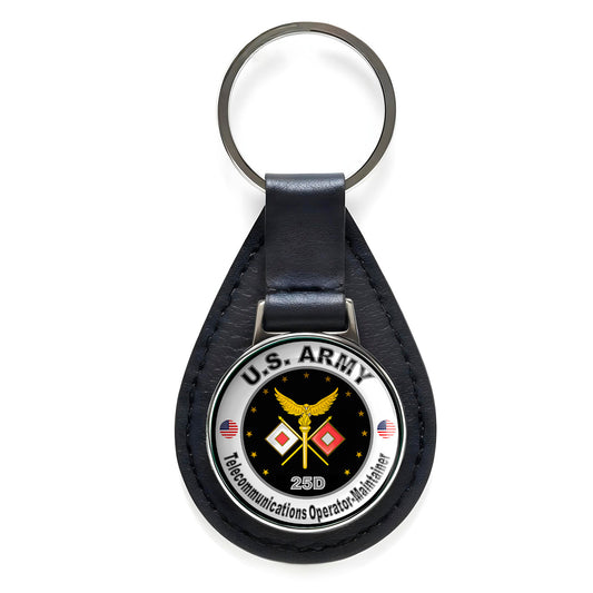 US Army Telecommunications Operator- Maintainer Black Leather Keychain Silver