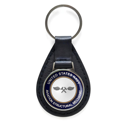 U.S. Navy Aviation Structural Mechanic Black Leather Keychain Silver Keyring