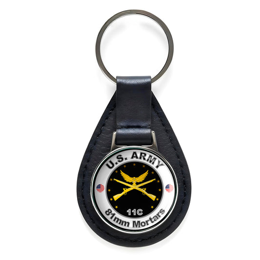 United States Army 81mm Mortars Black Leather Keychain Silver Keyring