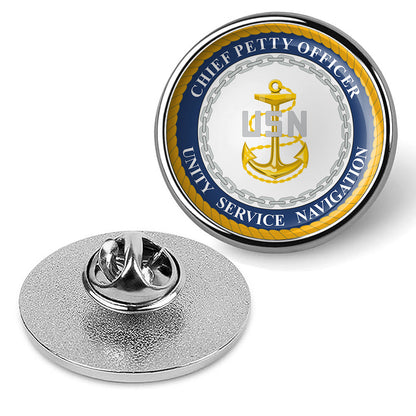 U.S. Navy CPO "USN" Round Tie Tac, Hat Pin, Badge, Military Lapel Pin - Silver
