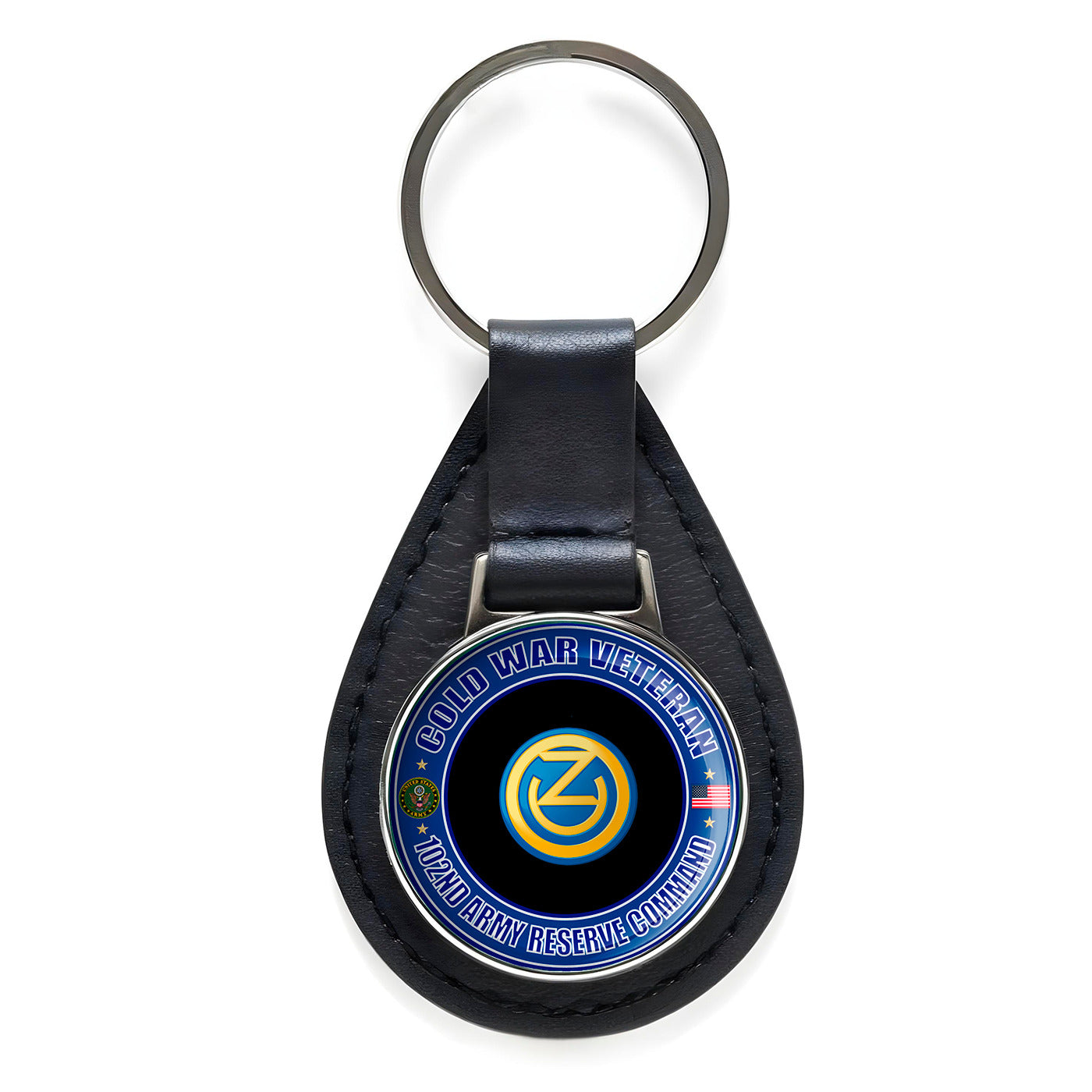 Cold War Veteran 102nd Army Reserve Command Leather Keychain Silver Keyring