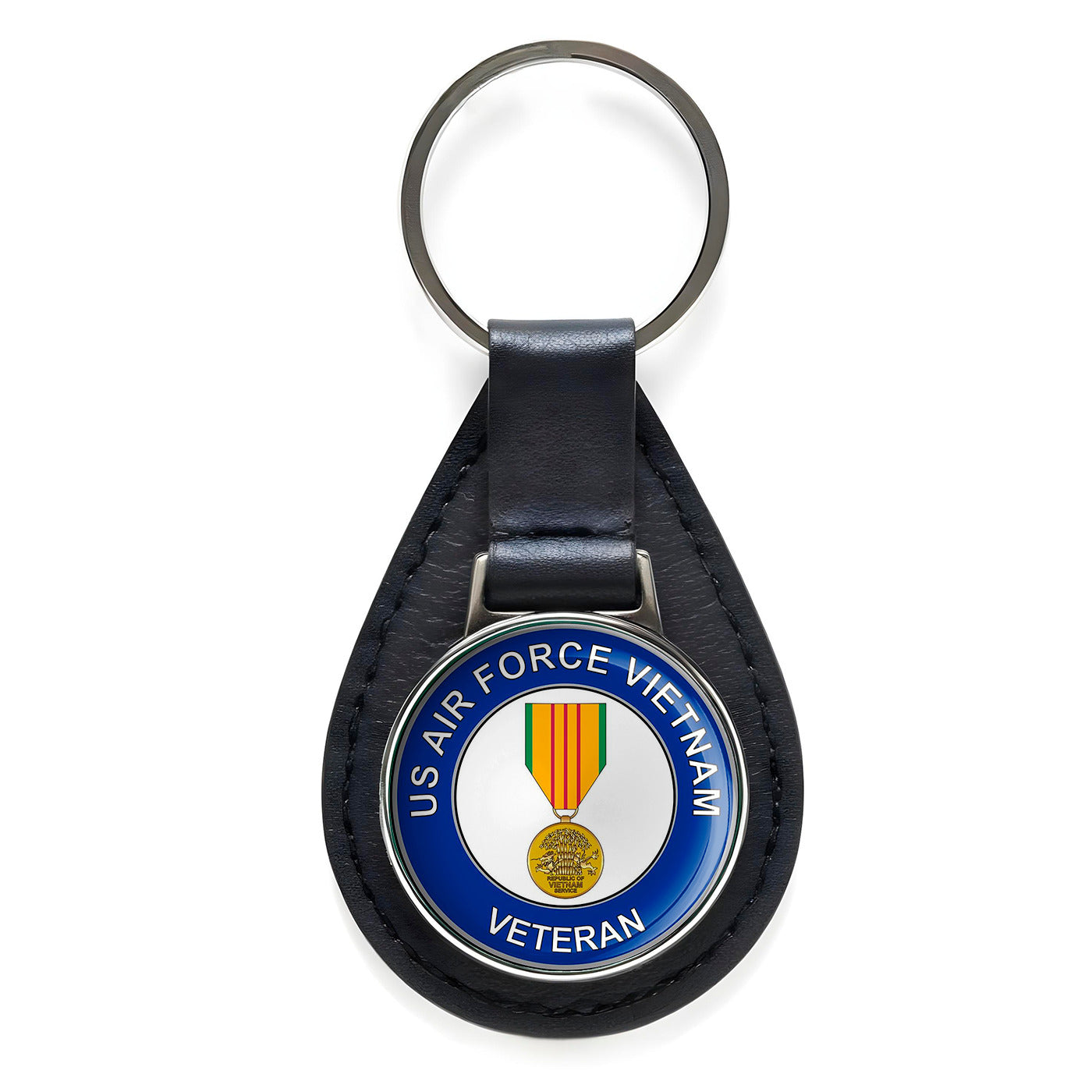 U.S. Air Force Veteran with Vietnam Black Leather Keychain Silver Keyring