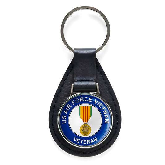U.S. Air Force Veteran with Vietnam Black Leather Keychain Silver Keyring